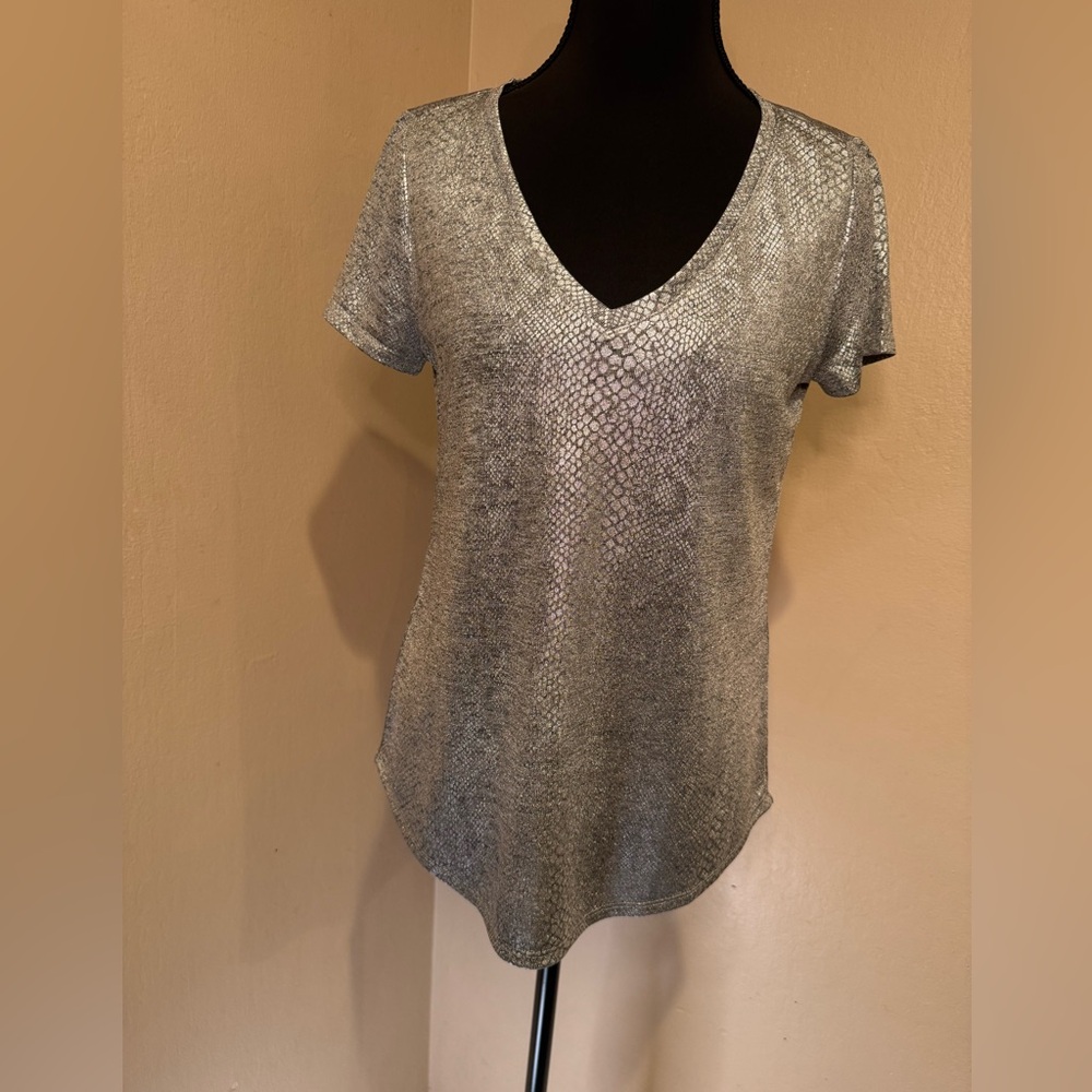 Y2K Shiny Silver Gray Snakeskin-Like Short Sleeve Top Classy Yet Chic